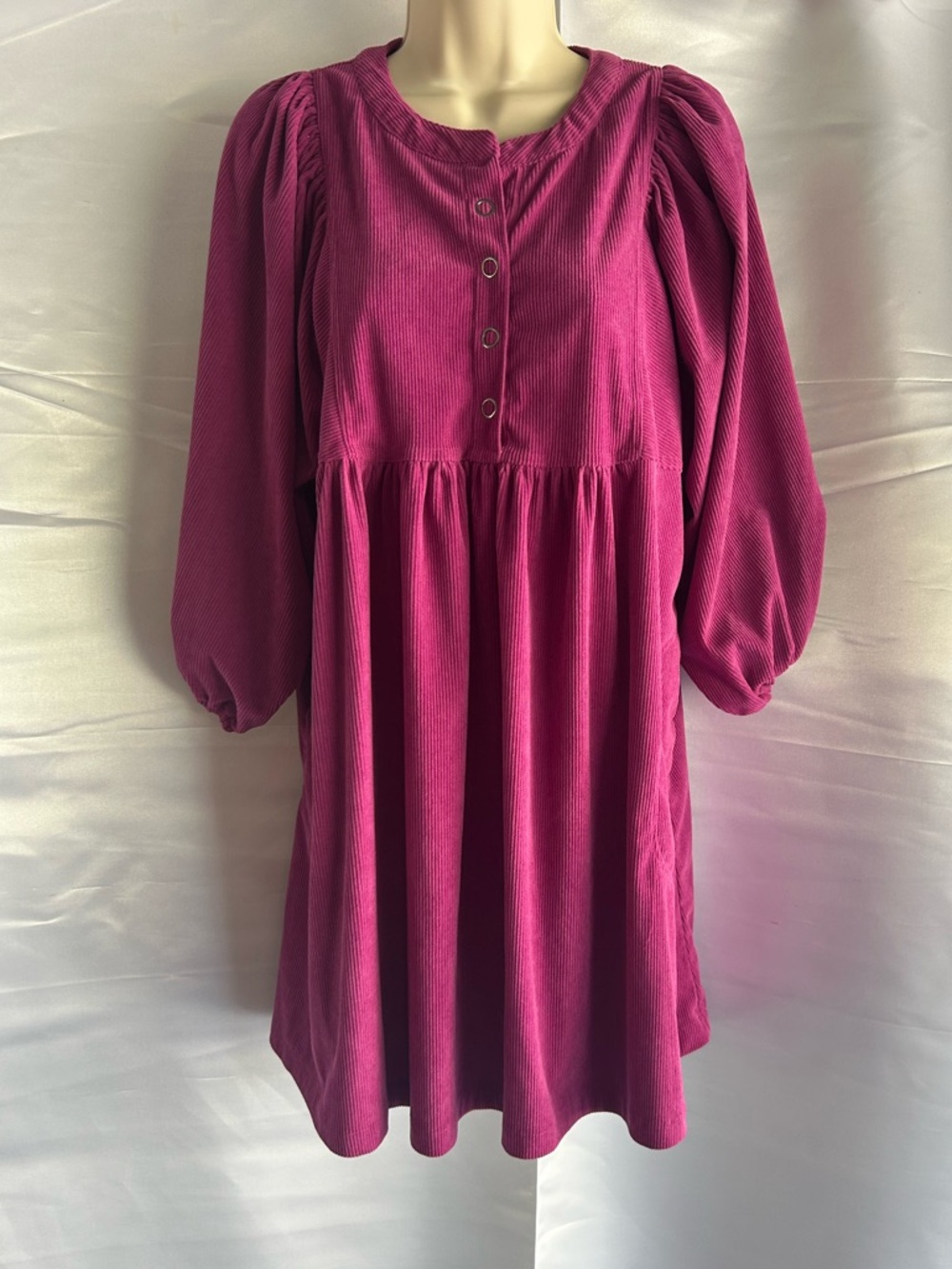 Umgee Fuchsia Snap Front Ribbed Corduroy Dress with Pockets | Size Medium